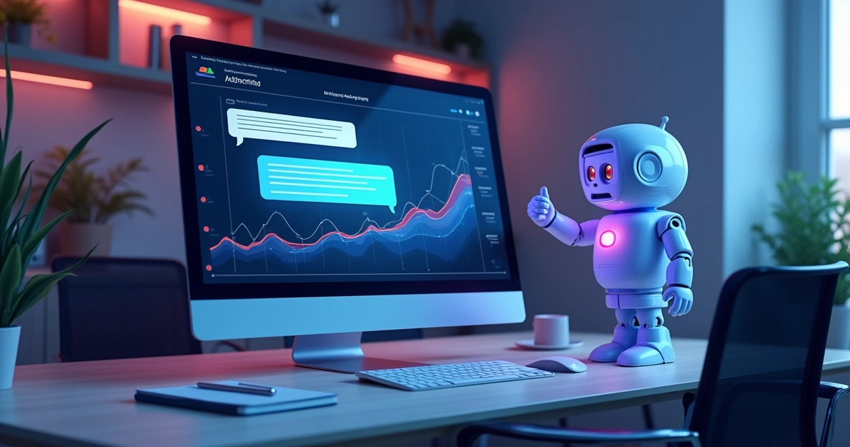 Computador com chatbot AI e gráficos de recomendações de produtos 