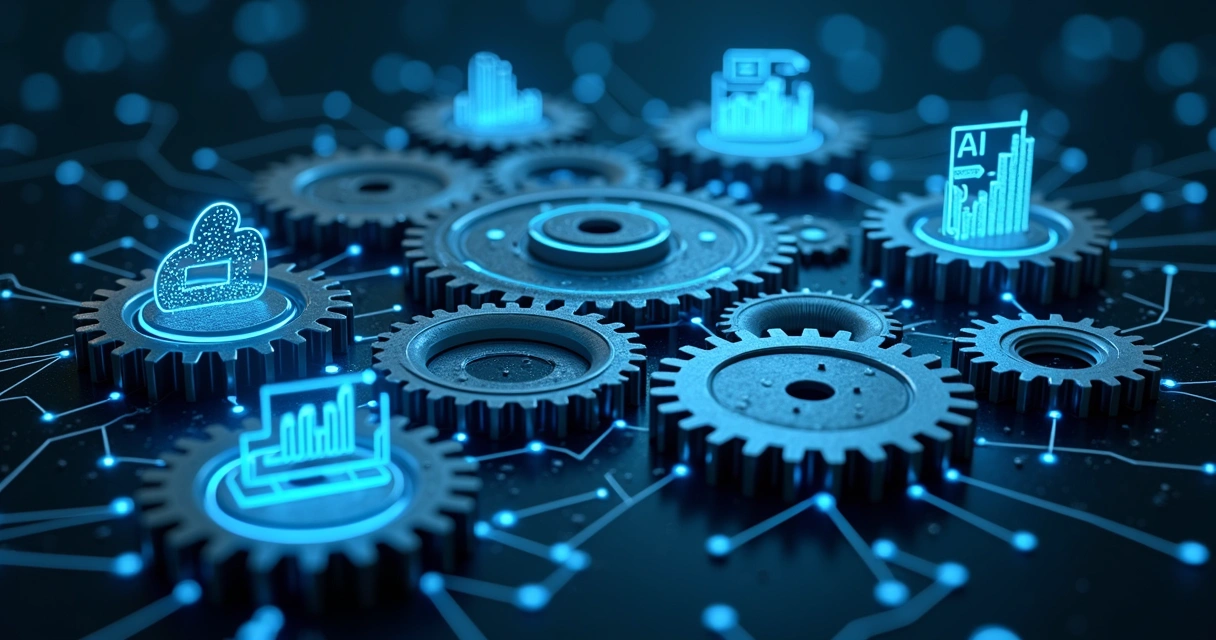 Engrenagens conectadas com circuitos digitais simulando automação e inteligência artificial