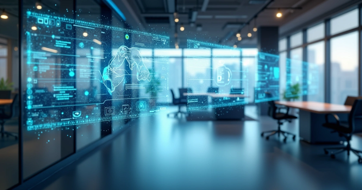 Interface digital mostrando automação empresarial com agentes inteligentes e integração de sistemas 