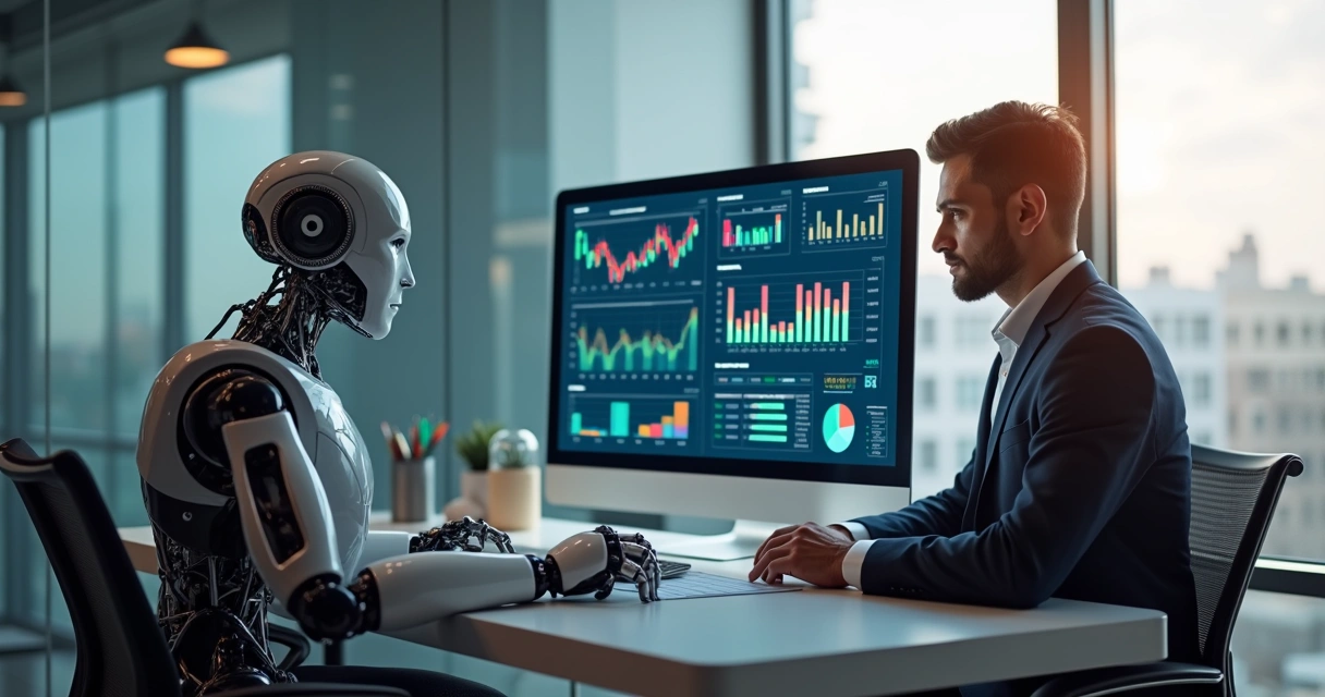 Robô e gerente analisando gráficos automáticos juntos. 