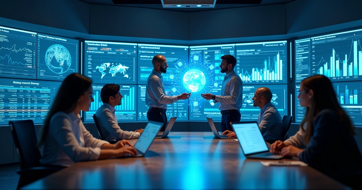 Ambiente corporativo moderno com telas mostrando gráficos, dados e automação de processos por inteligência artificial 