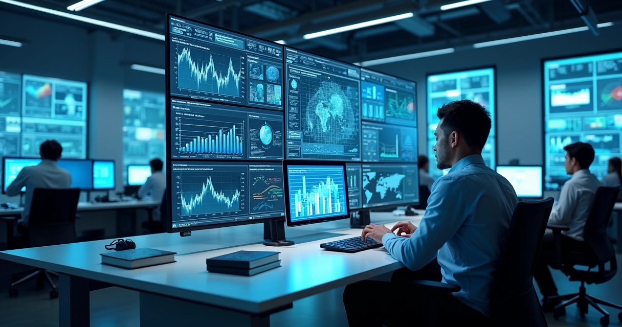 Ambiente empresarial moderno com telas digitais exibindo gráficos, dados e ícones de inteligência artificial integrados a sistemas de automação 