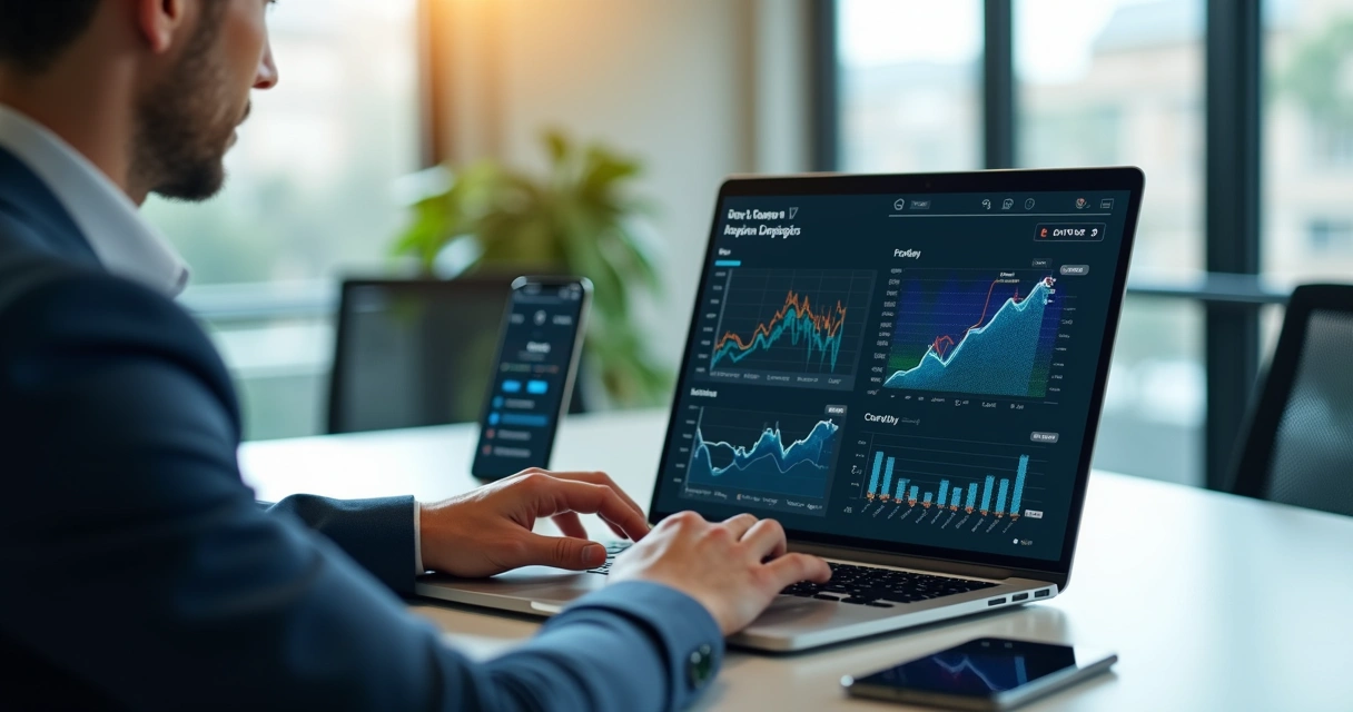 Empresário usando laptop com gráficos de vendas e automação digital na tela, ambiente moderno de escritório com elementos de IA e planejamento estratégico 