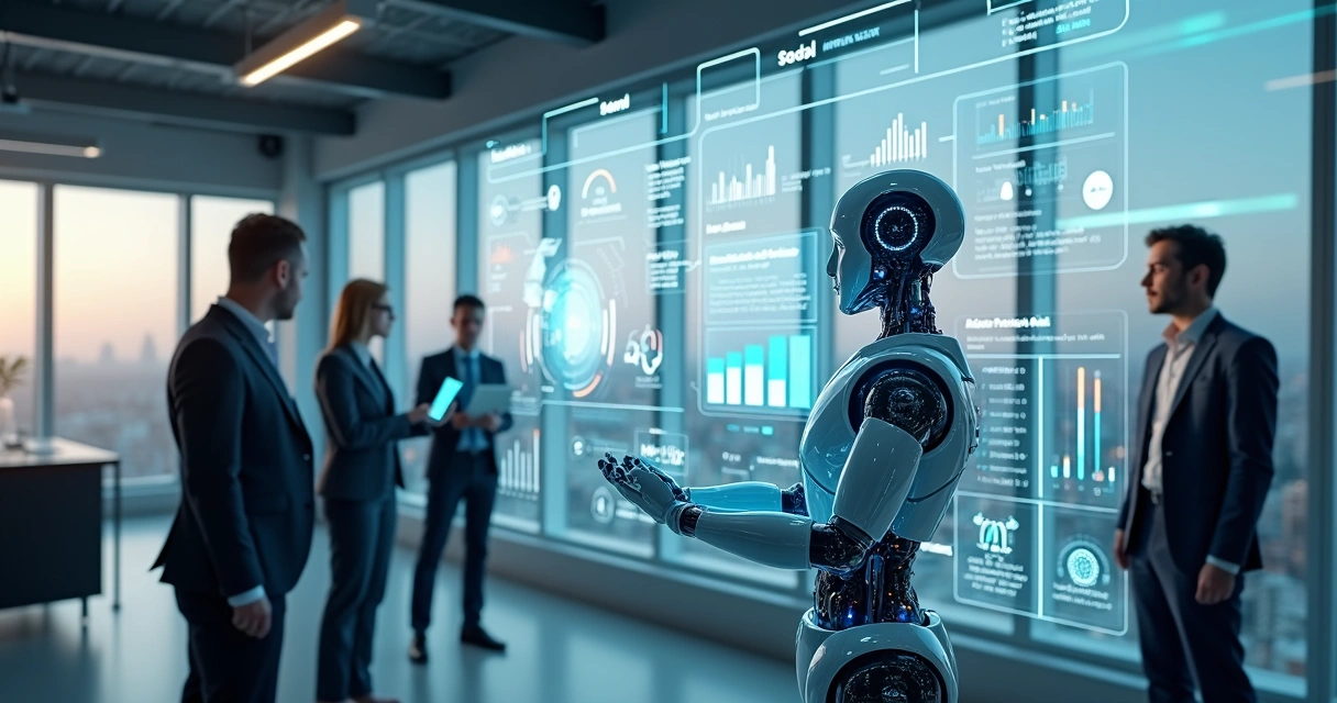 Robô digital interagindo com processos empresariais automatizados 