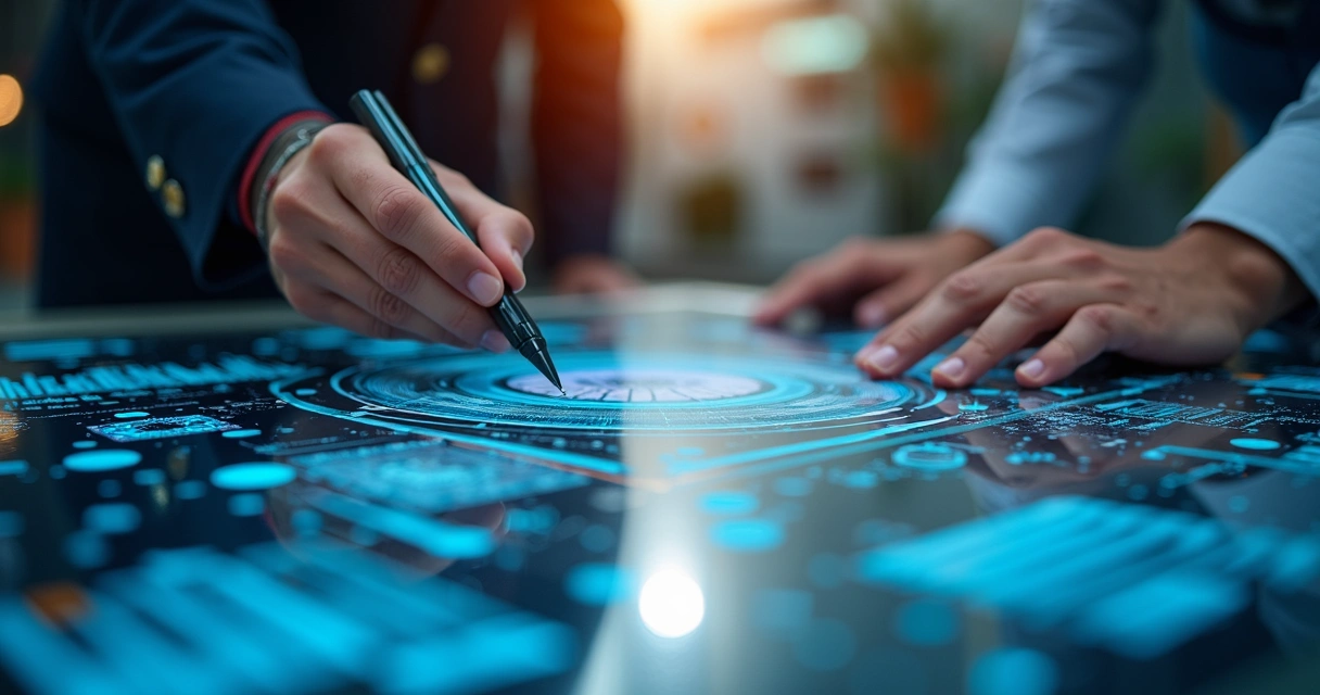 Profissional trabalhando com painel digital mostrando gráficos e automação de processos em escritório corporativo moderno 