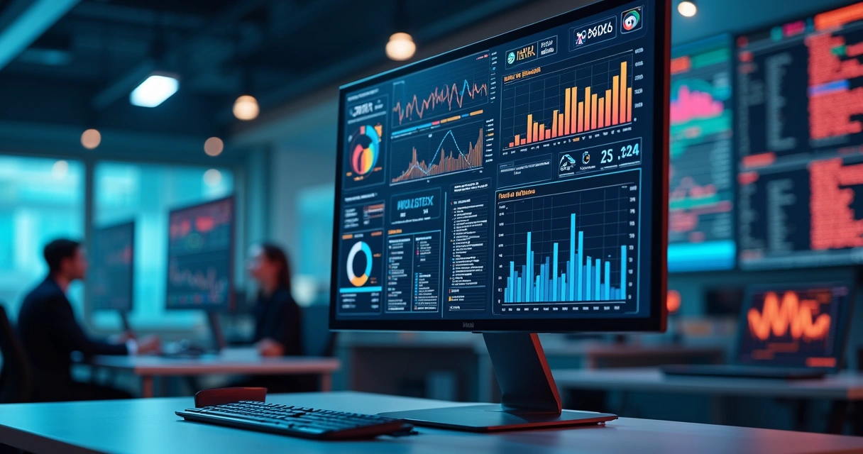 Tela de computador exibindo painéis de análise de dados fiscais com gráficos e XMLs de notas fiscais digitais 