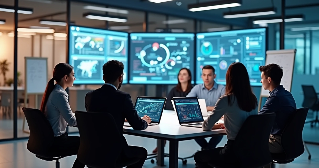 Equipe analisando solução de automação e inteligência artificial em notebooks 