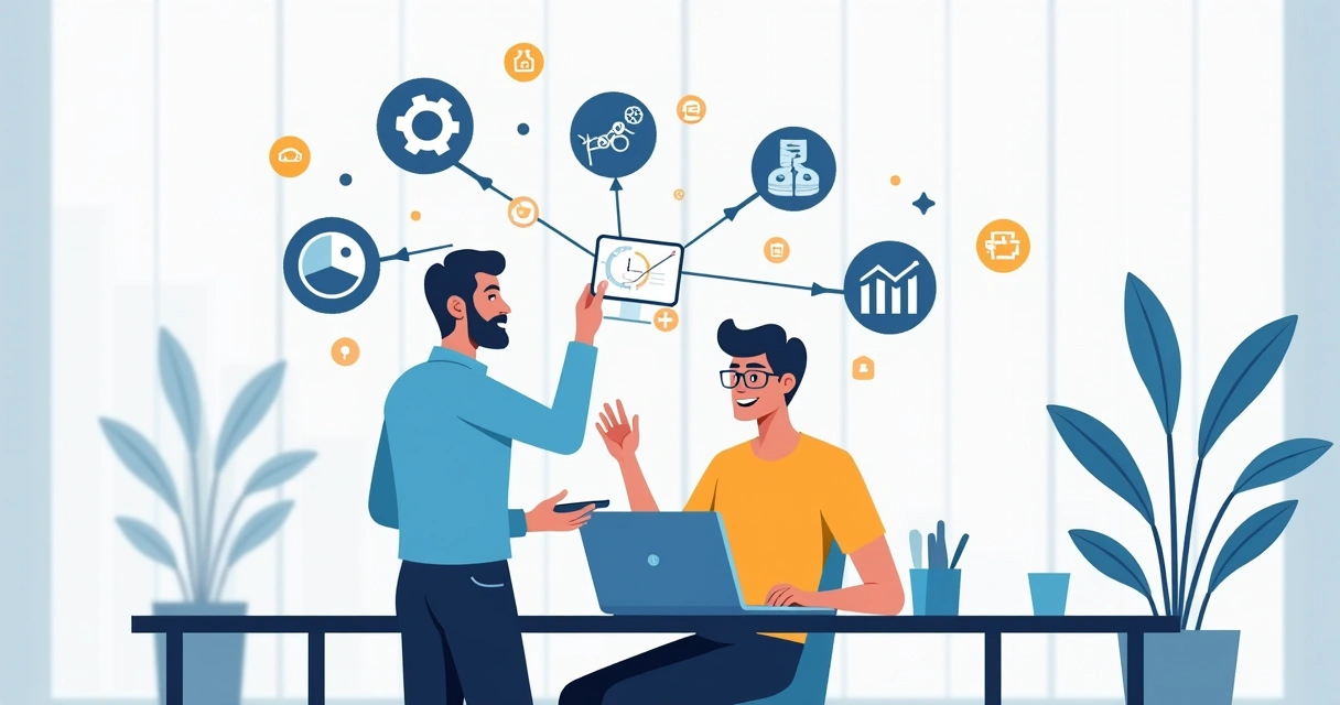 Colaborador em escritório usando laptop, ícones de IA e automação digital flutuando em volta da tela 