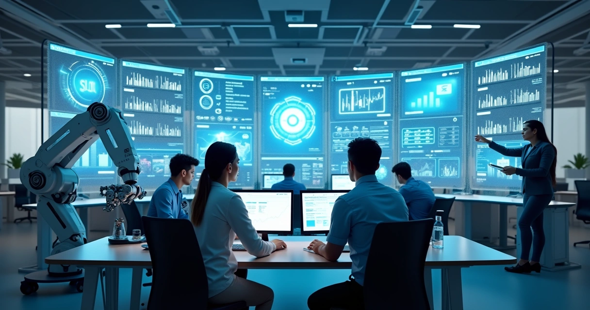 Ambiente corporativo moderno com telas digitais mostrando gráficos de automação, robôs colaborando com humanos em vendas e processos empresariais 