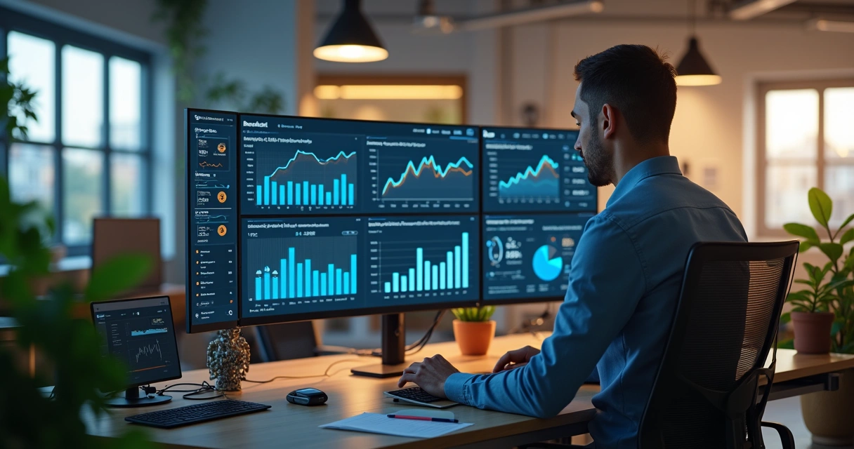 Contador analisando dados em tela com gráficos, automação contábil ao fundo 