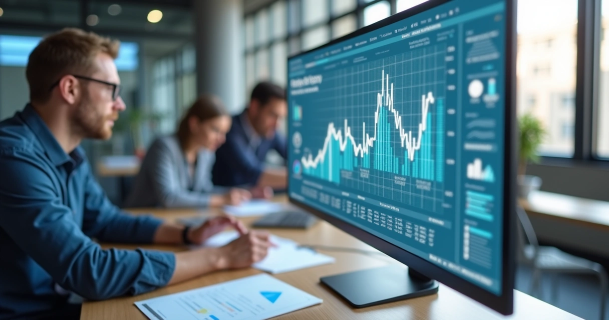 Tela de computador mostrando interface de automação com gráficos de desempenho e equipe colaborando ao fundo 