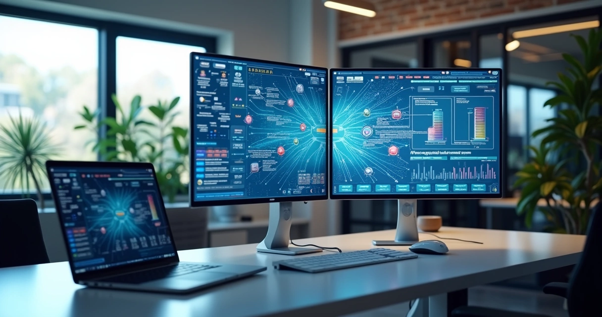 Interface digital mostrando automação inteligente com agentes autônomos e integração de sistemas 