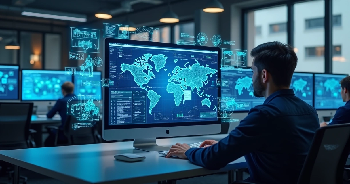 Telas de software integrando robôs digitais e painéis de automação com dados em tempo real 