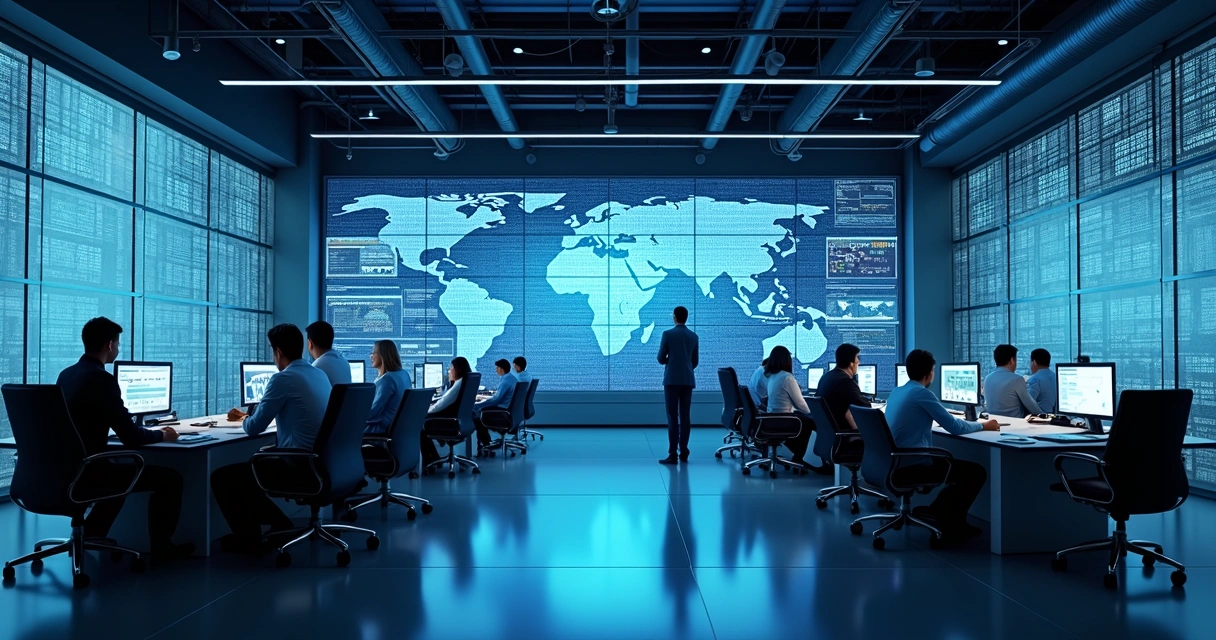 Painéis digitais exibindo automação de dados em cenário corporativo de TI 
