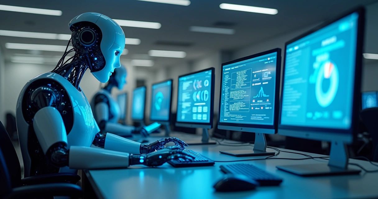 Robôs digitais operando computadores em ambiente empresarial 