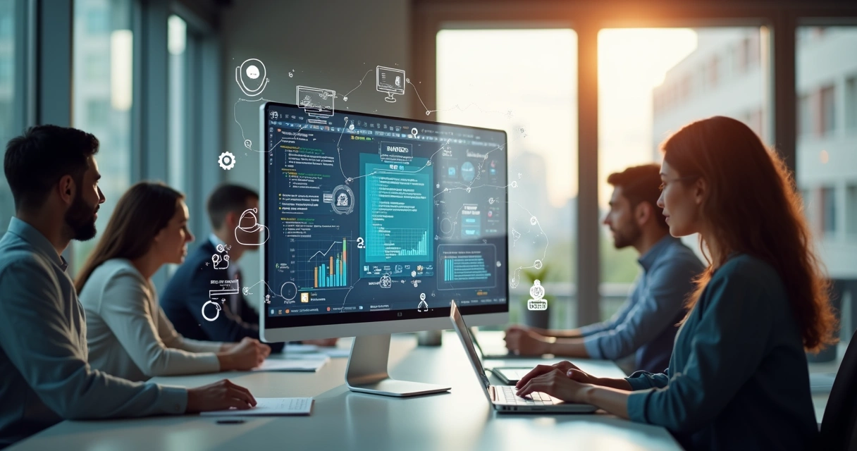 Computador com tela mostrando gráficos e código de automação ao redor de pessoas em ambiente de escritório moderno 