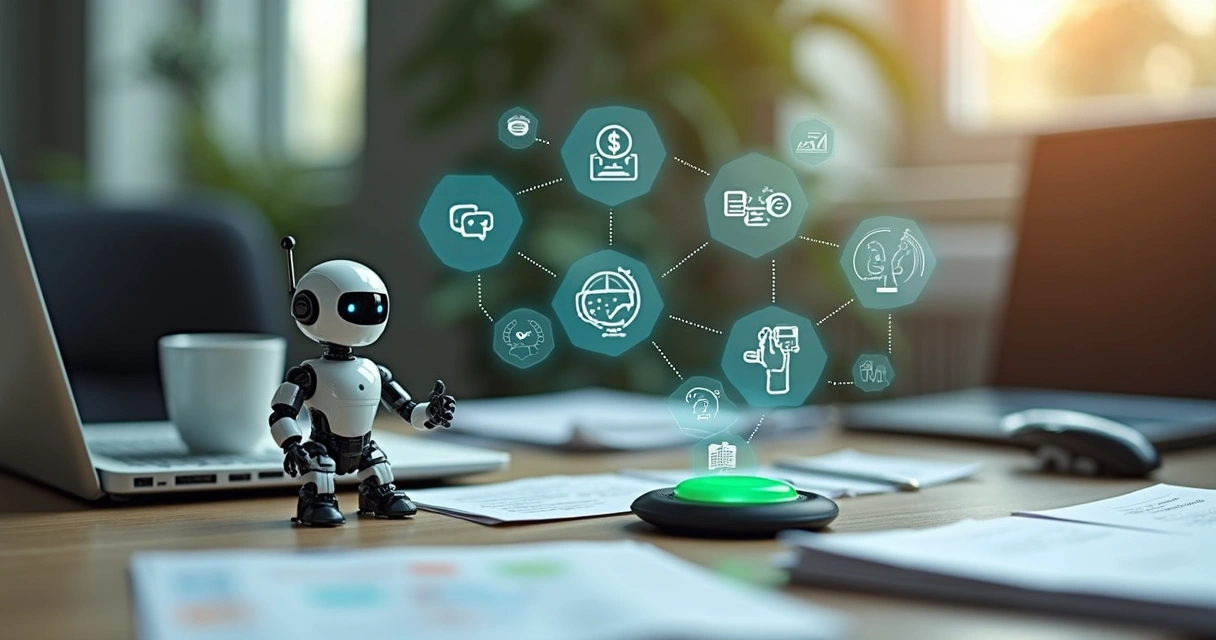 Robô em miniatura ao lado de notebook e papelada de escritório 