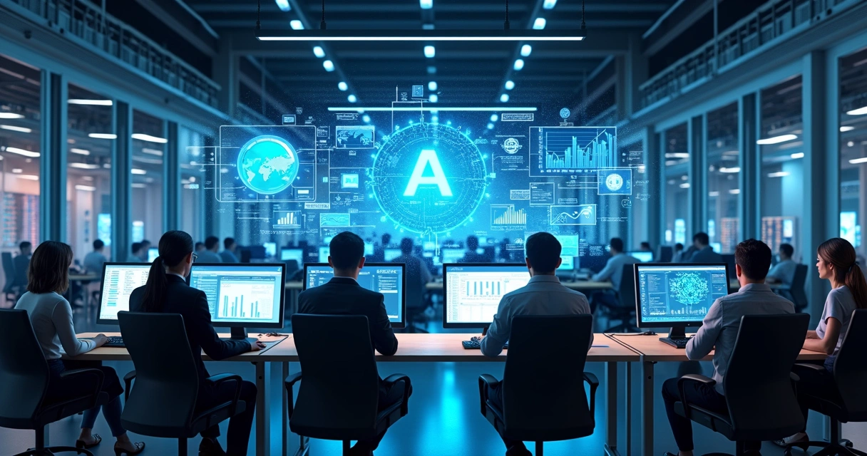 Computadores e telas mostrando sistemas de automação inteligente com gráficos e conexões digitais em ambiente corporativo moderno 