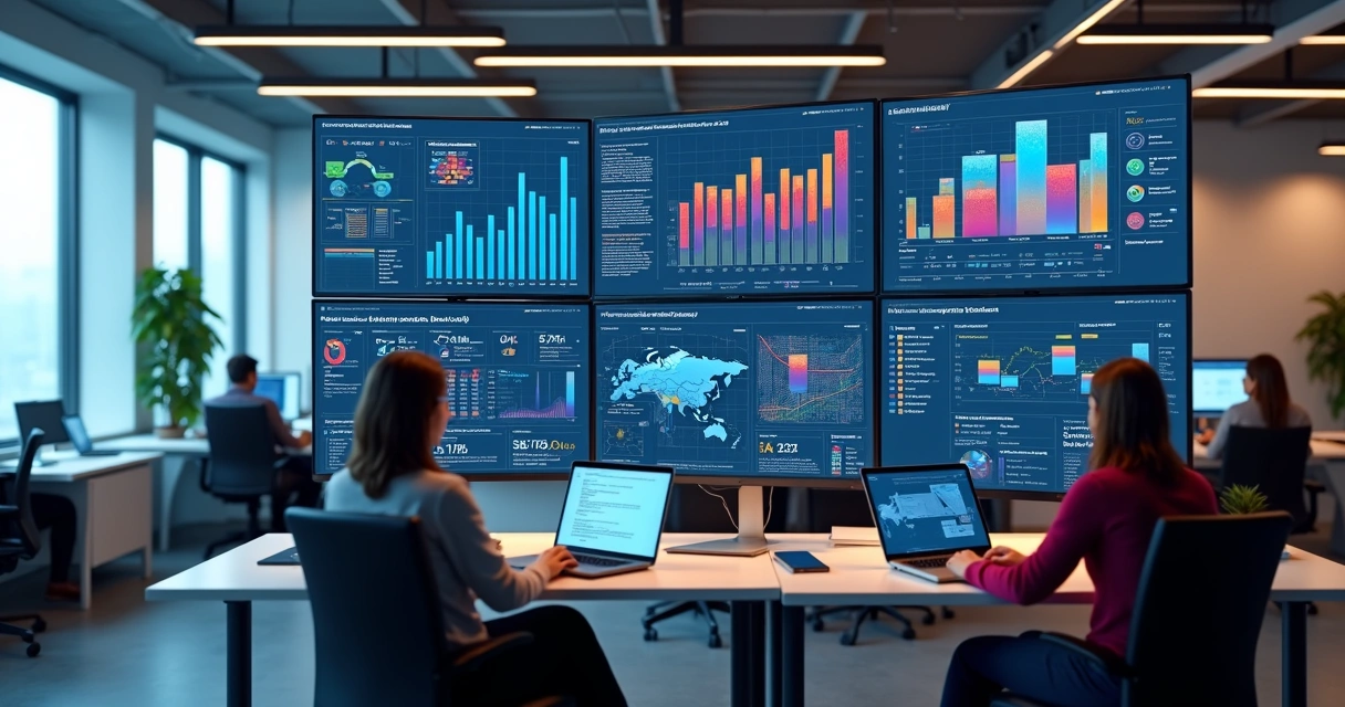 Ambiente moderno de escritório com equipe usando computadores e telas exibindo gráficos de automação inteligente 
