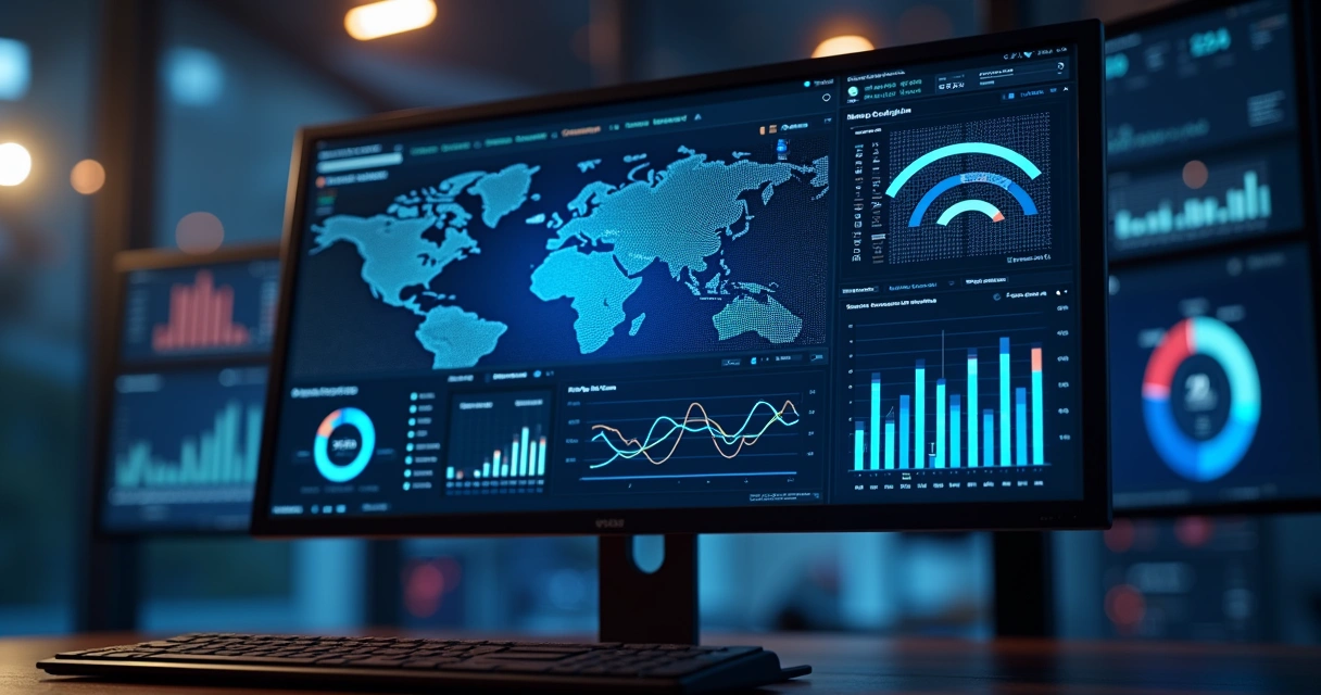 Tela de computador mostrando dashboard moderno com gráficos de inteligência artificial para SaaS 2.0, equipe de tecnologia colaborando ao fundo 