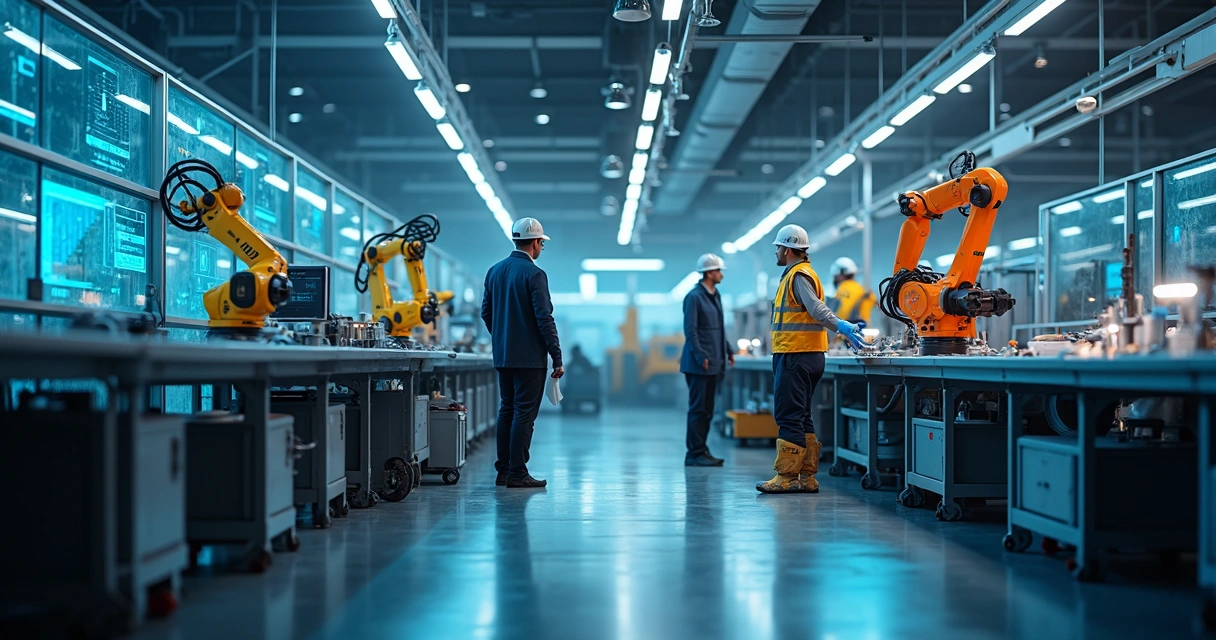 Robôs industriais colaborando com profissionais em fábrica moderna 