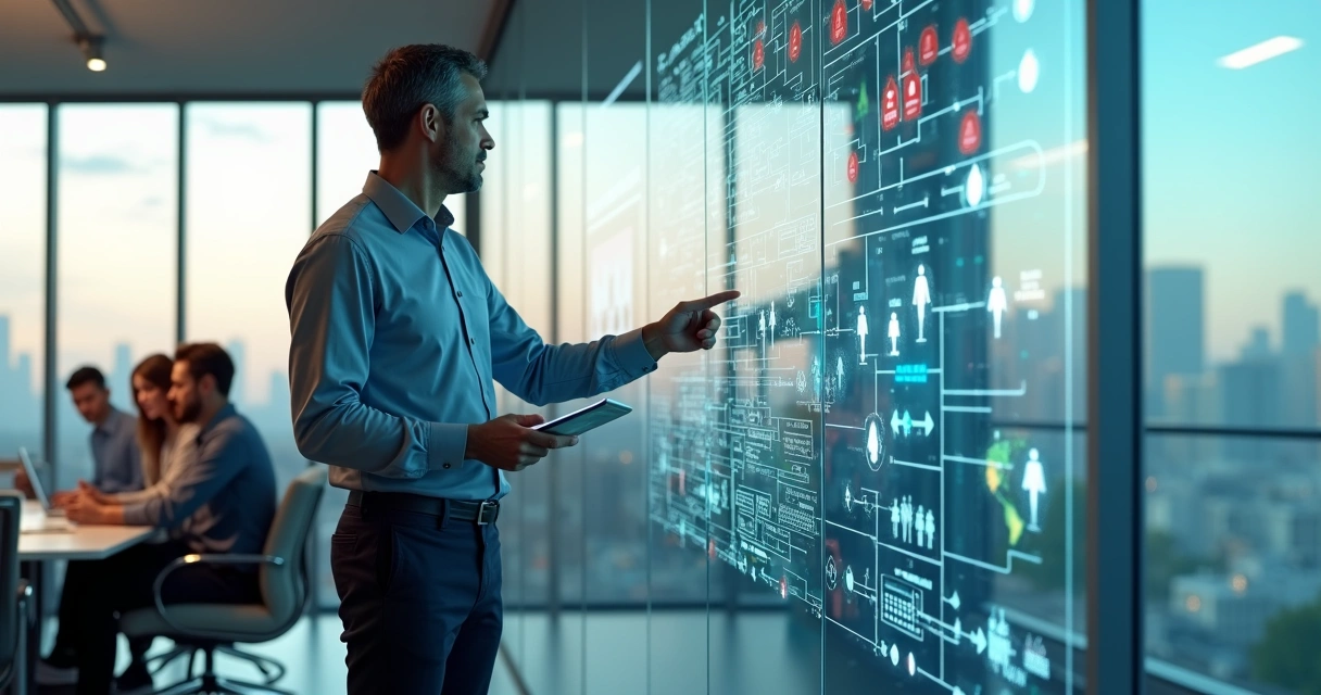 Gestor avaliando painel com processos automatizados e manuais 