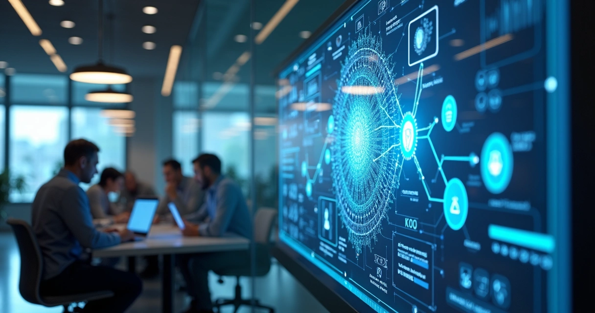 Representação de automação inteligente em empresa com interface digital e agentes IA 