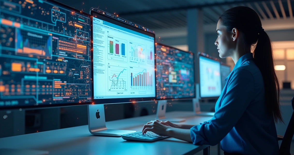 Computador mostrando tela com planilhas digitais se transformando em um sistema automatizado com gráficos e fluxos de trabalho integrados 