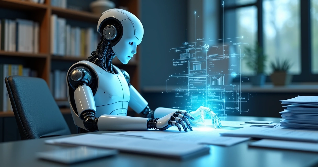 Robô digital analisando contratos e documentos empresariais 