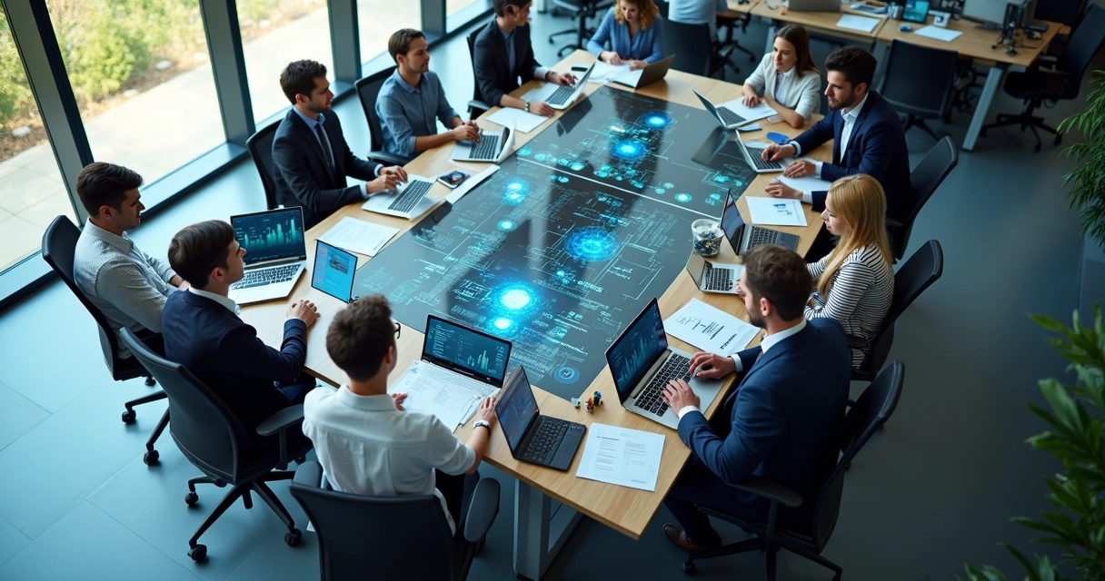 Equipe de trabalho em diferentes setores discutindo gráficos de automação em mesa moderna 