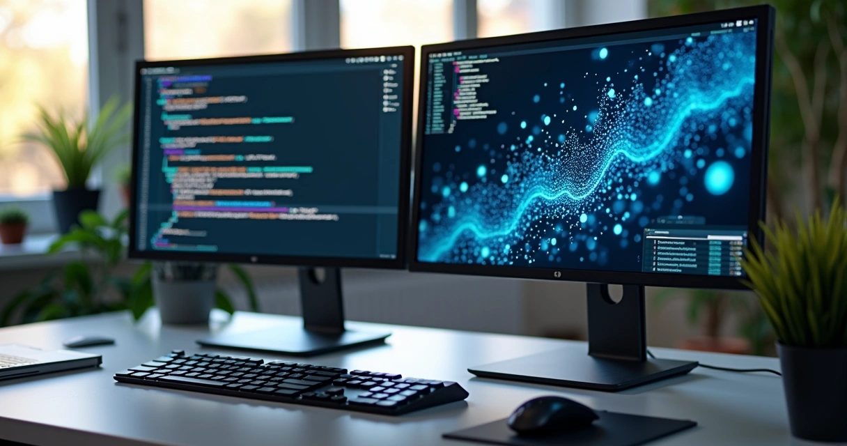 Computador de mesa com telas exibindo códigos e gráficos de automação de processos e inteligência artificial em escritório moderno 