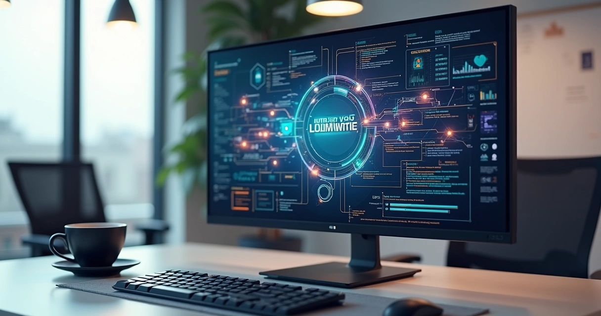 Computador em escritório moderno mostrando gráficos de automação com fluxos digitais coloridos ao redor 