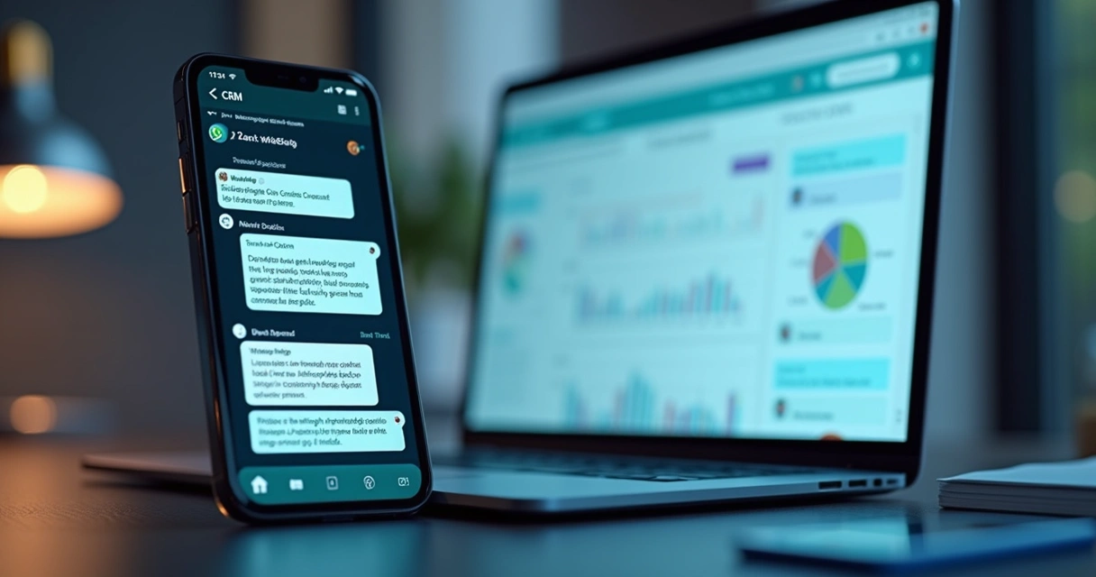 Interface digital mostrando chatbot inteligente no WhatsApp integrado a CRM com gráficos de vendas e gerenciamento de leads em fundo moderno