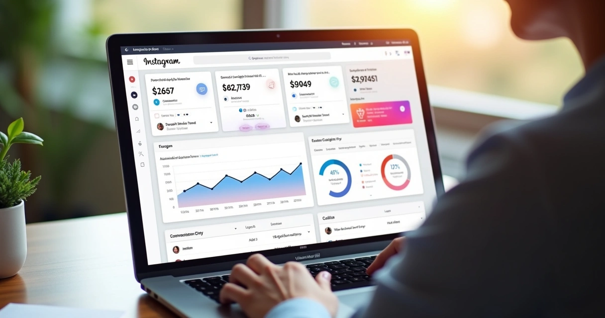 Dashboard com gráficos de crescimento do Instagram mostrando interações automáticas e agendamento de posts 