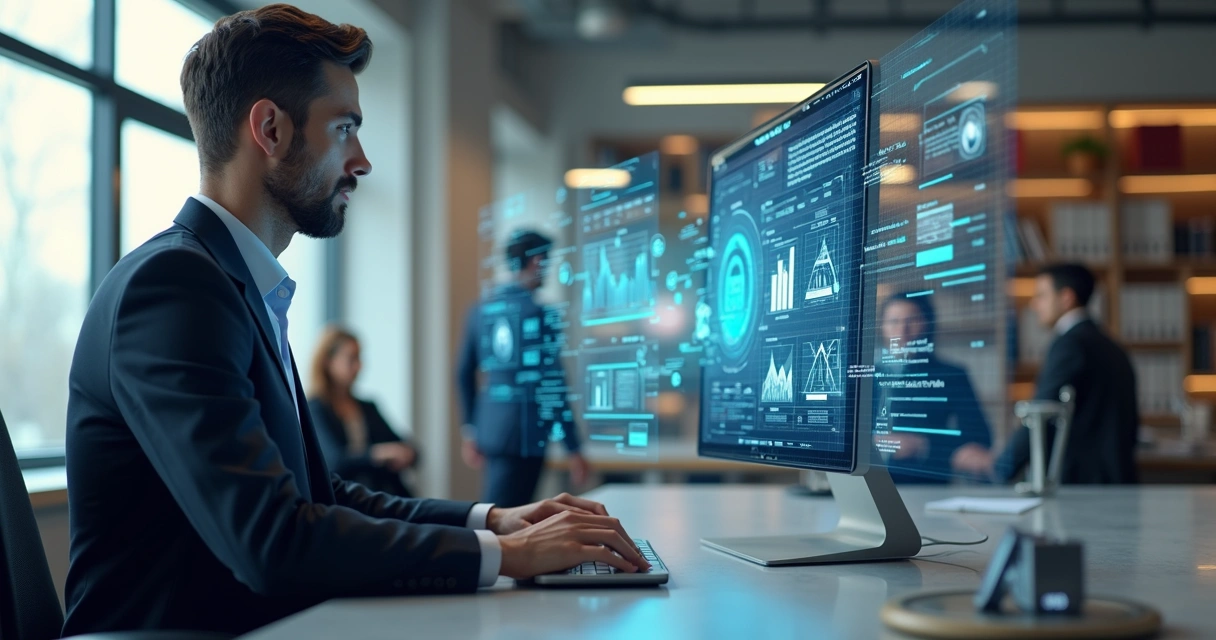 Advogado usando computador com telas digitais mostrando gráficos jurídicos e automação de processos 