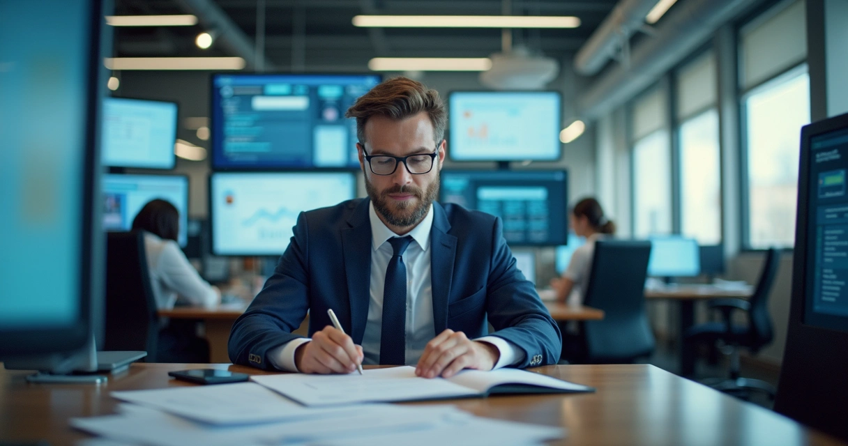 Advogado digitalizando documentos jurídicos em escritório moderno com computadores e tela interativa 