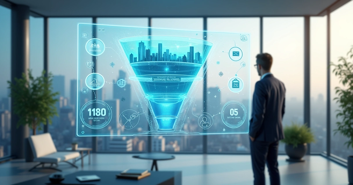 Corretor imobiliário observando painel digital com funil de leads e ícones de automação 