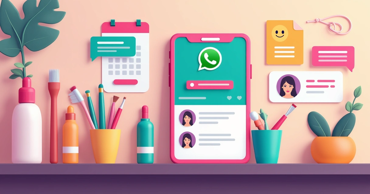 Notificações de lembretes de agendamento no WhatsApp em smartphone, mesa de trabalho de estética 