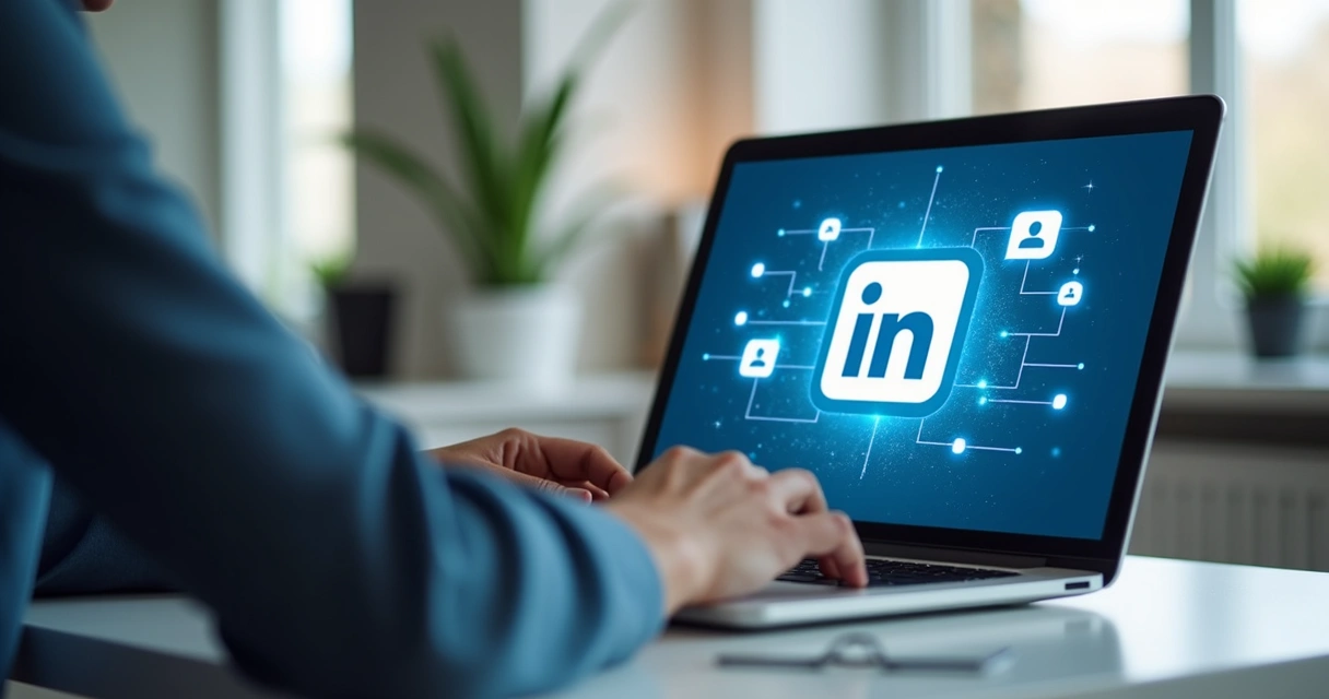 Pessoa digitando no notebook com LinkedIn aberto e ícones digitais em volta