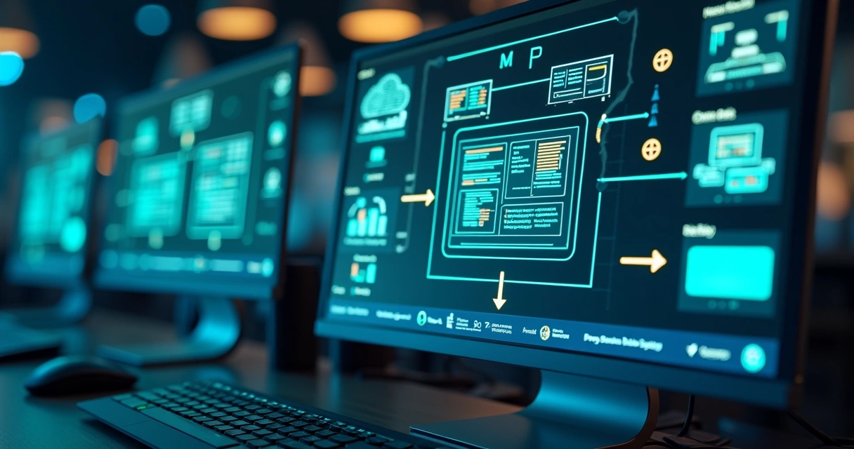 Telas com fluxos automatizados conectando CRM, APIs e bancos de dados de empresas 