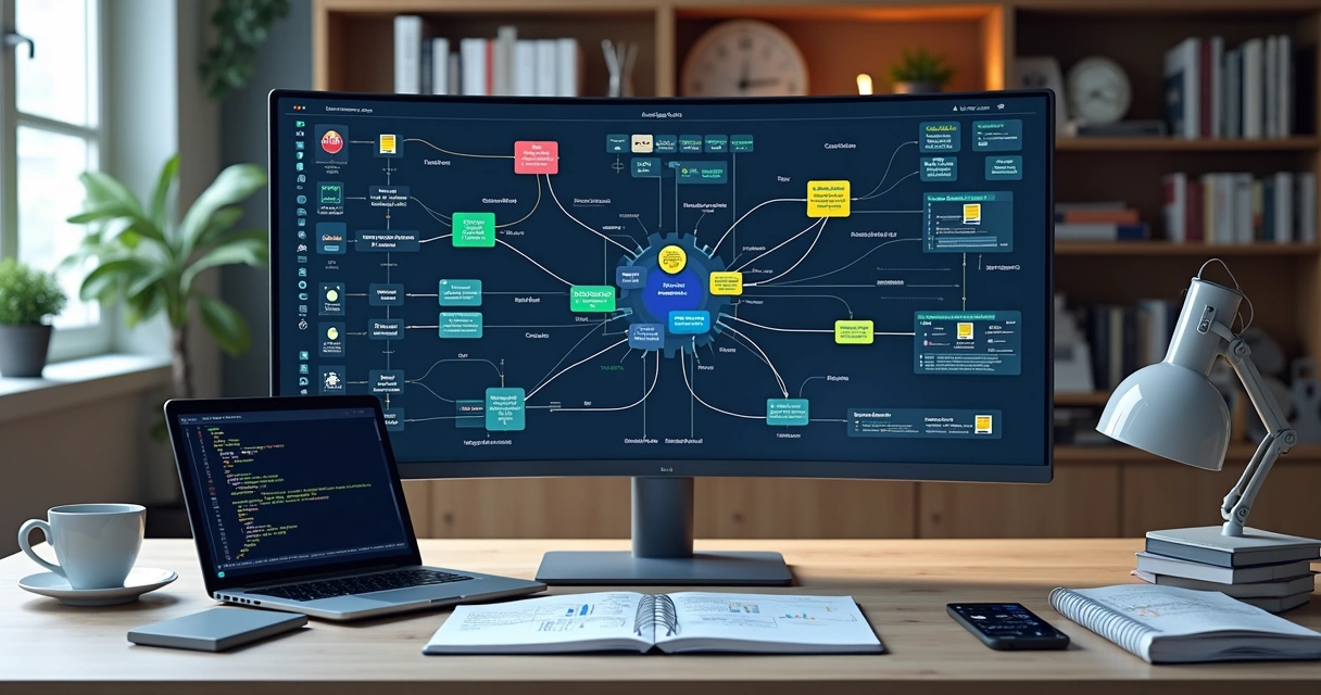 Tela de computador exibindo fluxos de trabalho automatizados com integrações entre LLMs e n8n em ambiente de escritório moderno 