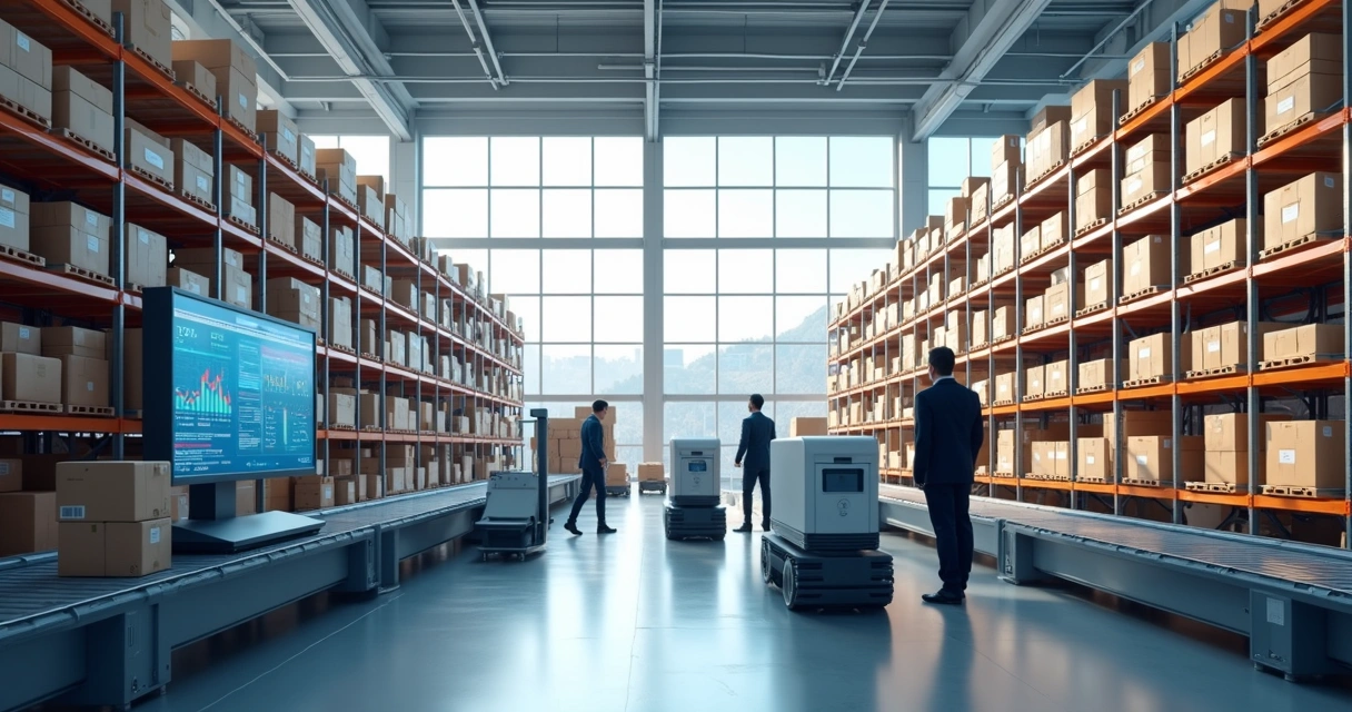 Vista superior de um centro logístico moderno com robôs automatizados transportando caixas em esteiras entre prateleiras altas e trabalhadores monitorando telas digitais à distância 