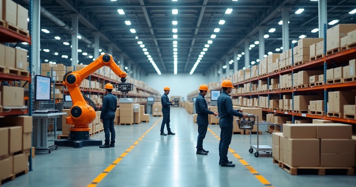 Centro logístico com robôs e painéis digitais 