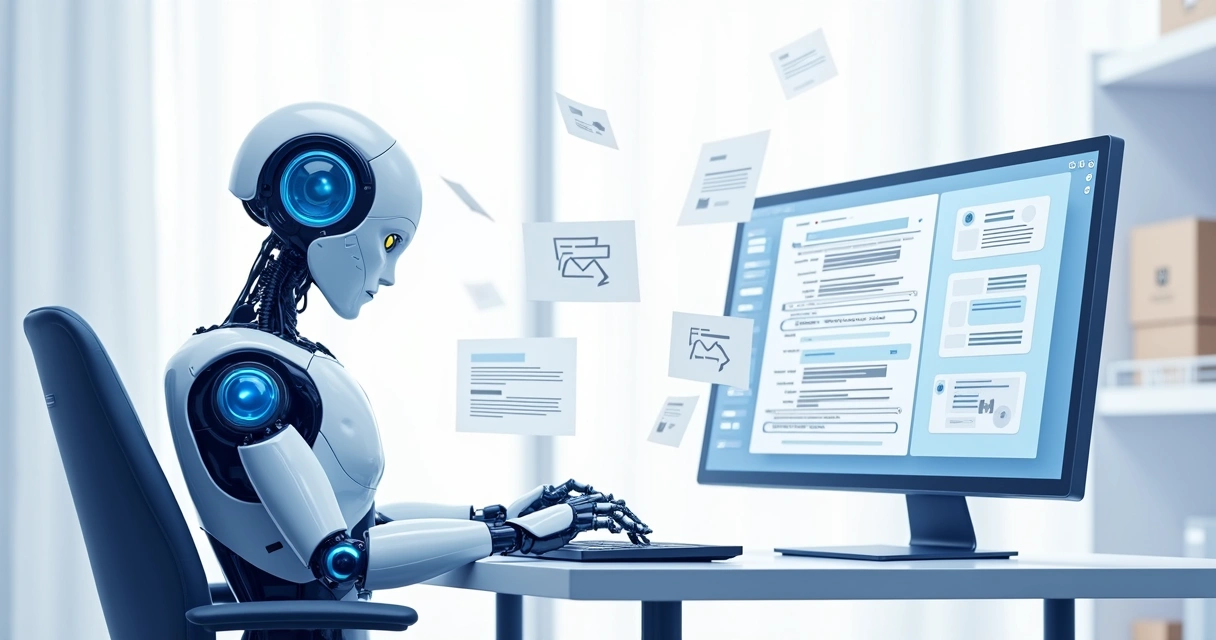 Robô ao lado de computador exibindo funções automatizadas 