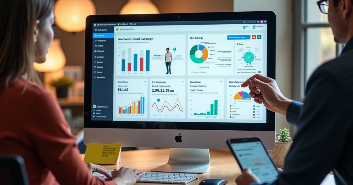 Dashboard colorido de automação de campanhas de email com gráficos e fluxos integrados 