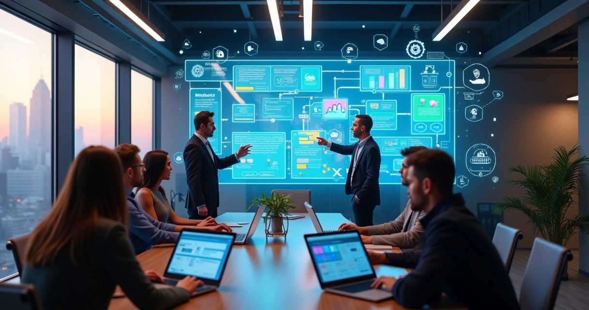 Equipe observando painel digital com fluxos de automação low-code 