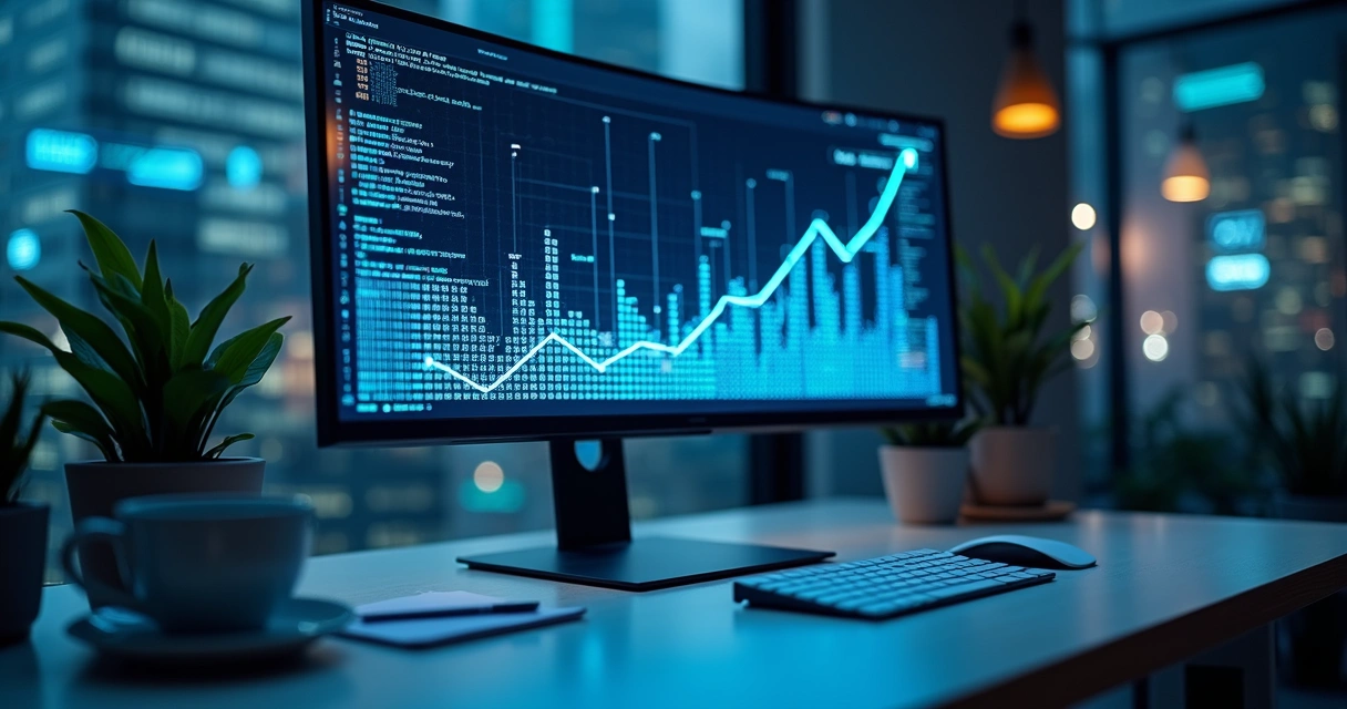 Computador mostrando gráficos digitais de crédito com detalhes em azul 