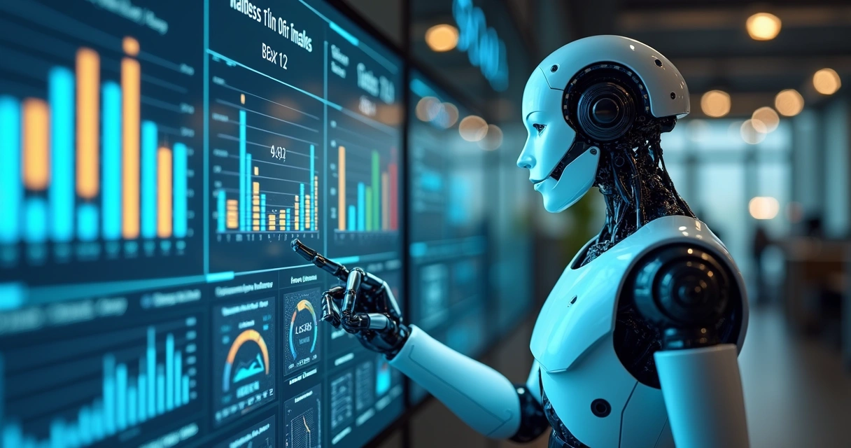 Robô digital analisando gráficos e dados de vendas em tempo real num escritório moderno 