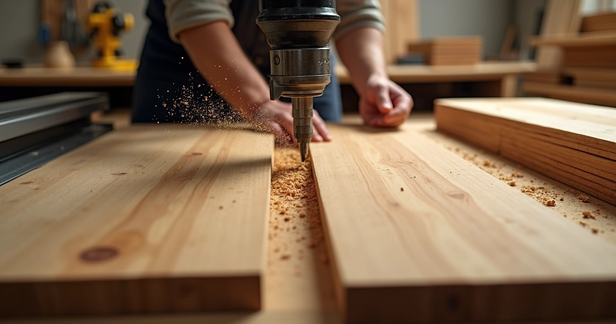 Maquinário automatizado cortando madeira em marcenaria com precisão, ambiente detalhado de oficina com ferramentas e sobras de madeira organizadas 
