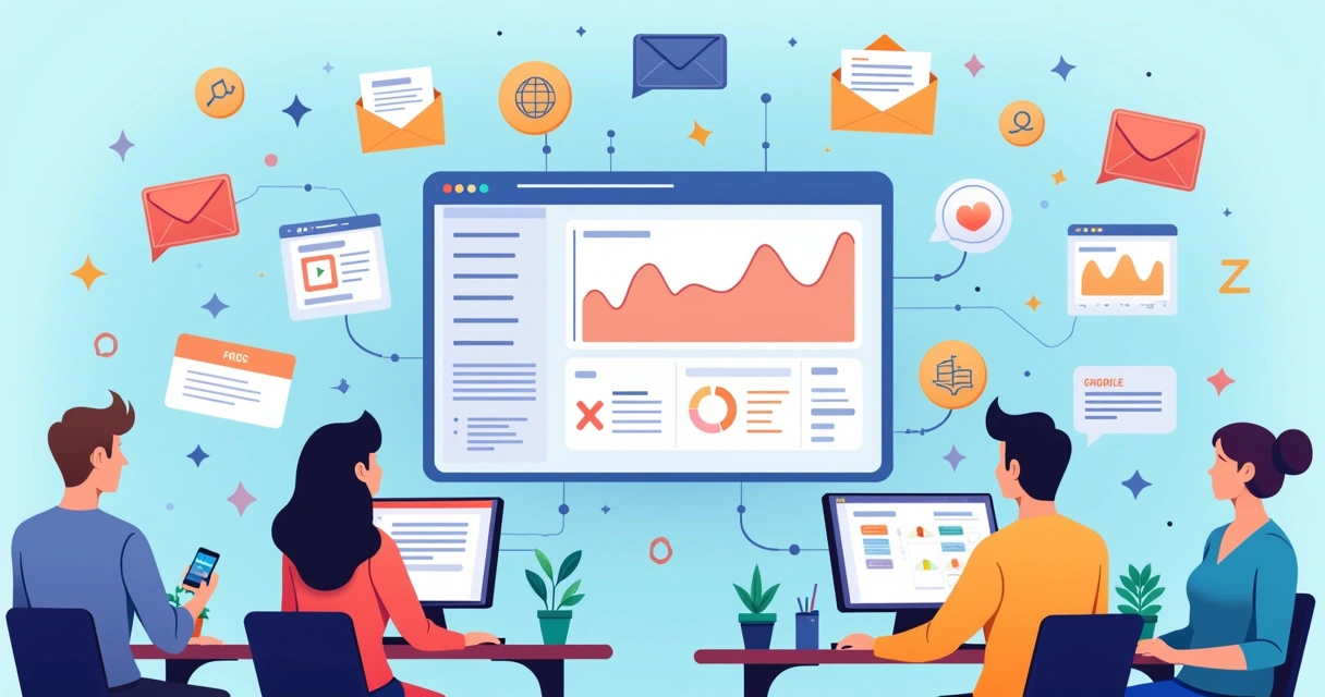 Fluxo visual ilustrando automação de marketing em agência, com ferramentas conectadas e leads recebendo mensagens personalizadas. 